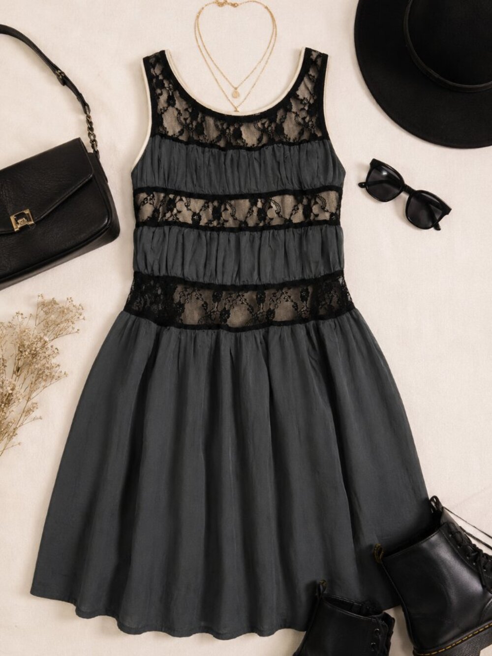 Free People Black Lace Sheer Panel Babydoll Dress NWT Size S Boho Gothic